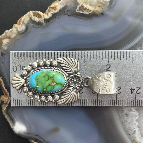 Sterling Southwestern Style Oval Sonora Gold Turquoise Leaves Decorated Pendant - Picture 10 of 10